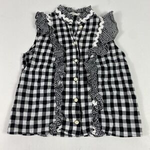 Manoush Blouse Womens 6 Black White Gingham Ruffle Sleeveless Button Front